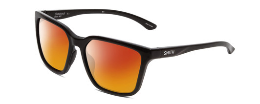 Profile View of Smith Optics Shoutout Designer Polarized Sunglasses with Custom Cut Red Mirror Lenses in Gloss Black Unisex Retro Full Rim Acetate 57 mm
