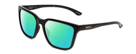 Profile View of Smith Optics Shoutout Designer Polarized Reading Sunglasses with Custom Cut Powered Green Mirror Lenses in Gloss Black Unisex Retro Full Rim Acetate 57 mm