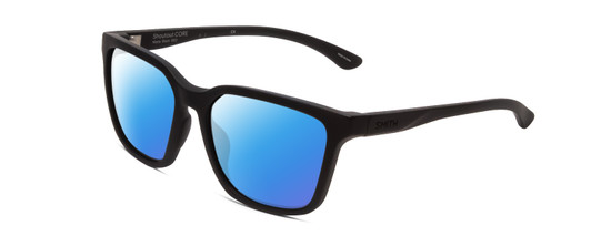 Profile View of Smith Optics Shoutout Core Designer Polarized Sunglasses with Custom Cut Blue Mirror Lenses in Matte Black Unisex Retro Full Rim Acetate 57 mm