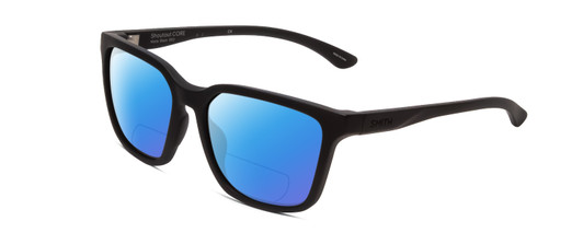 Profile View of Smith Optics Shoutout Core Designer Polarized Reading Sunglasses with Custom Cut Powered Blue Mirror Lenses in Matte Black Unisex Retro Full Rim Acetate 57 mm