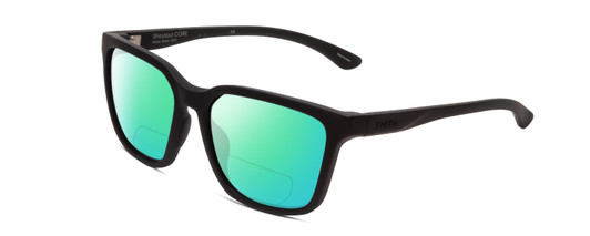 Profile View of Smith Optics Shoutout Core Designer Polarized Reading Sunglasses with Custom Cut Powered Green Mirror Lenses in Matte Black Unisex Retro Full Rim Acetate 57 mm