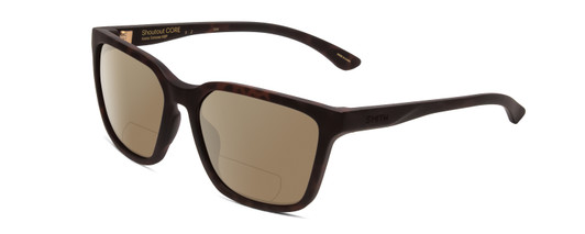 Profile View of Smith Optics Shoutout Core Designer Polarized Reading Sunglasses with Custom Cut Powered Amber Brown Lenses in Matte Tortoise Havana Gold Unisex Retro Full Rim Acetate 57 mm