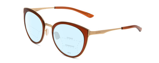 Profile View of Smith Optics Somerset Designer Progressive Lens Blue Light Blocking Eyeglasses in Amber Ladies Cateye Full Rim Stainless Steel 53 mm with Blue Light Zone functionality illustration laid over the lens