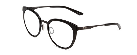 Profile View of Smith Optics Somerset Designer Progressive Lens Blue Light Blocking Eyeglasses in Gloss Black Ladies Cateye Full Rim Stainless Steel 53 mm with Blue Light Zone functionality illustration laid over the lens