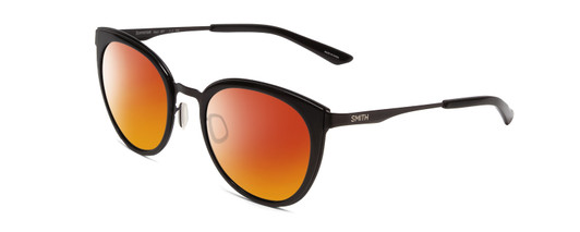Profile View of Smith Optics Somerset Designer Polarized Sunglasses with Custom Cut Red Mirror Lenses in Gloss Black Ladies Cateye Full Rim Stainless Steel 53 mm
