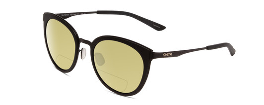 Profile View of Smith Optics Somerset Designer Polarized Reading Sunglasses with Custom Cut Powered Sun Flower Yellow Lenses in Matte Black Ladies Cateye Full Rim Stainless Steel 53 mm