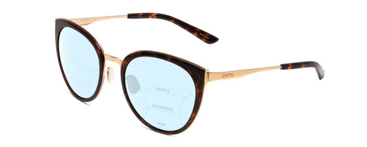 Profile View of Smith Optics Somerset Designer Progressive Lens Blue Light Blocking Eyeglasses in Tortoise Havana Gold Ladies Cateye Full Rim Stainless Steel 53 mm with Blue Light Zone functionality illustration laid over the lens