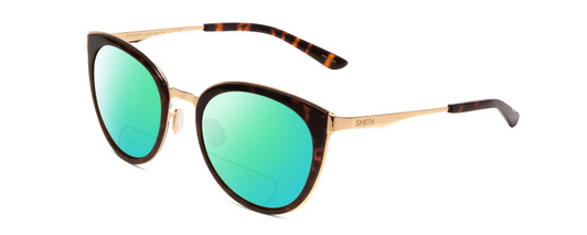 Profile View of Smith Optics Somerset Designer Polarized Reading Sunglasses with Custom Cut Powered Green Mirror Lenses in Tortoise Rose Ladies Cateye Full Rim Stainless Steel 53 mm