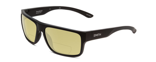 Profile View of Smith Optics Soundtrack Designer Polarized Reading Sunglasses with Custom Cut Powered Sun Flower Yellow Lenses in Matte Black Unisex Rectangle Full Rim Acetate 61 mm