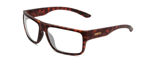 Profile View of Smith Optics Soundtrack Designer Progressive Lens Blue Light Blocking Eyeglasses in Matte Tortoise Havana Gold Unisex Rectangle Full Rim Acetate 61 mm with Blue Light Zone functionality illustration laid over the lens