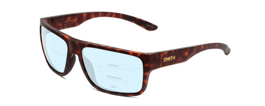 Profile View of Smith Optics Soundtrack Designer Progressive Lens Blue Light Blocking Eyeglasses in Matte Tortoise Havana Gold Unisex Rectangle Full Rim Acetate 61 mm with Blue Light Zone functionality illustration laid over the lens