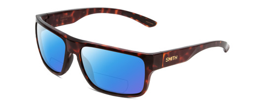 Profile View of Smith Optics Soundtrack Designer Polarized Reading Sunglasses with Custom Cut Powered Blue Mirror Lenses in Tortoise Havana Gold Unisex Rectangle Full Rim Acetate 61 mm
