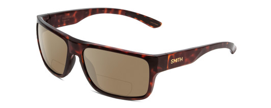 Profile View of Smith Optics Soundtrack Designer Polarized Reading Sunglasses with Custom Cut Powered Amber Brown Lenses in Tortoise Havana Gold Unisex Rectangle Full Rim Acetate 61 mm