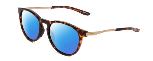 Profile View of Smith Optics Wander Designer Polarized Reading Sunglasses with Custom Cut Powered Blue Mirror Lenses in Tortoise Havana Gold Unisex Round Full Rim Acetate 55 mm