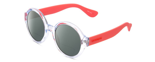 Profile View of Havaianas FLORIPA/M Designer Polarized Reading Sunglasses with Custom Cut Powered Smoke Grey Lenses in Crystal Clear Blue Unisex Round Full Rim Acetate 51 mm