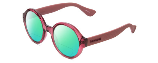 Profile View of Havaianas FLORIPA/M Designer Polarized Reading Sunglasses with Custom Cut Powered Green Mirror Lenses in Crystal Violet Purple Ladies Round Full Rim Acetate 51 mm