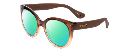 Profile View of Havaianas NORONHA/M Designer Polarized Reading Sunglasses with Custom Cut Powered Green Mirror Lenses in Havana Crystal Fade Ladies Cateye Full Rim Acetate 52 mm