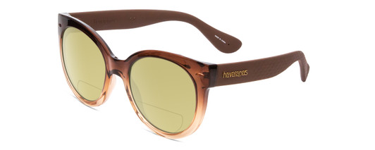 Profile View of Havaianas NORONHA/M Designer Polarized Reading Sunglasses with Custom Cut Powered Sun Flower Yellow Lenses in Havana Crystal Fade Ladies Cateye Full Rim Acetate 52 mm