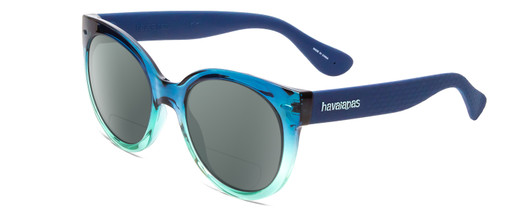 Profile View of Havaianas NORONHA/M Designer Polarized Reading Sunglasses with Custom Cut Powered Smoke Grey Lenses in Crystal Ocean Teal Fade Ladies Cateye Full Rim Acetate 52 mm