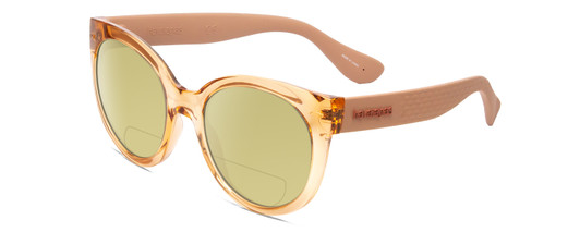 Profile View of Havaianas NORONHA/M Designer Polarized Reading Sunglasses with Custom Cut Powered Sun Flower Yellow Lenses in Salmon Crystal Peach Ladies Cateye Full Rim Acetate 52 mm
