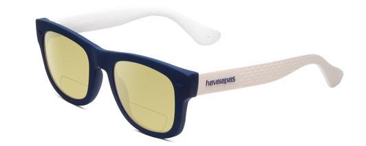 Profile View of Havaianas PARATY/M Designer Polarized Reading Sunglasses with Custom Cut Powered Sun Flower Yellow Lenses in Blue White Unisex Classic Full Rim Acetate 50 mm