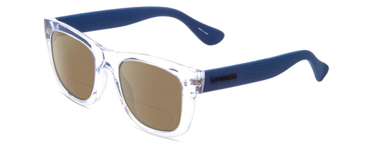 Profile View of Havaianas PARATY/L Designer Polarized Reading Sunglasses with Custom Cut Powered Amber Brown Lenses in Crystal Clear Blue Unisex Classic Full Rim Acetate 52 mm