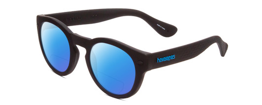Profile View of Havaianas TRANCOSO/M Designer Polarized Reading Sunglasses with Custom Cut Powered Blue Mirror Lenses in Matte Black Unisex Round Full Rim Acetate 49 mm