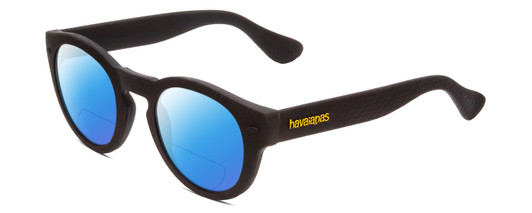 Profile View of Havaianas TRANCOSO/M Designer Polarized Reading Sunglasses with Custom Cut Powered Blue Mirror Lenses in Matte Black Unisex Round Full Rim Acetate 49 mm