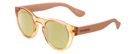 Profile View of Havaianas TRANCOSO/M Designer Polarized Reading Sunglasses with Custom Cut Powered Sun Flower Yellow Lenses in Salmon Crystal Peach Unisex Round Full Rim Acetate 49 mm