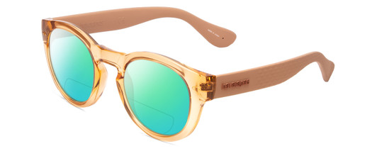 Profile View of Havaianas TRANCOSO/M Designer Polarized Reading Sunglasses with Custom Cut Powered Green Mirror Lenses in Salmon Crystal Peach Unisex Round Full Rim Acetate 49 mm