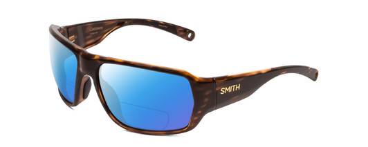 Profile View of Smith Optics Castaway Designer Polarized Reading Sunglasses with Custom Cut Powered Blue Mirror Lenses in Tortoise Havana Brown Gold Unisex Wrap Full Rim Acetate 63 mm