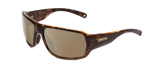 Profile View of Smith Optics Castaway Designer Polarized Reading Sunglasses with Custom Cut Powered Amber Brown Lenses in Tortoise Havana Brown Gold Unisex Wrap Full Rim Acetate 63 mm