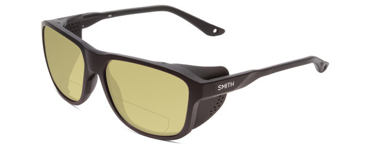 Profile View of Smith Optics Embark Designer Polarized Reading Sunglasses with Custom Cut Powered Sun Flower Yellow Lenses in Matte Black Unisex Wrap Full Rim Acetate 58 mm
