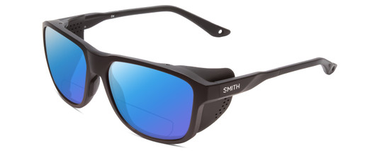 Profile View of Smith Optics Embark Designer Polarized Reading Sunglasses with Custom Cut Powered Blue Mirror Lenses in Matte Black Unisex Wrap Full Rim Acetate 58 mm