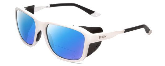 Profile View of Smith Optics Embark Designer Polarized Reading Sunglasses with Custom Cut Powered Blue Mirror Lenses in White Unisex Wrap Full Rim Acetate 58 mm
