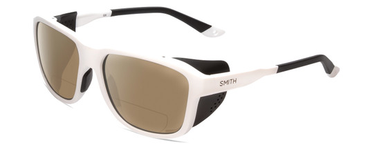 Profile View of Smith Optics Embark Designer Polarized Reading Sunglasses with Custom Cut Powered Amber Brown Lenses in White Unisex Wrap Full Rim Acetate 58 mm