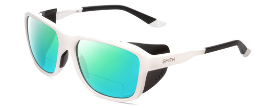 Profile View of Smith Optics Embark Designer Polarized Reading Sunglasses with Custom Cut Powered Green Mirror Lenses in White Unisex Wrap Full Rim Acetate 58 mm