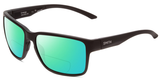 Profile View of Smith Optics Emerge Designer Polarized Reading Sunglasses with Custom Cut Powered Green Mirror Lenses in Matte Black Unisex Square Full Rim Acetate 60 mm
