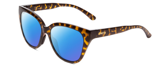 Profile View of Smith Optics Era Designer Polarized Sunglasses with Custom Cut Blue Mirror Lenses in Vintage Tortoise Havana Gold Ladies Cateye Full Rim Acetate 55 mm