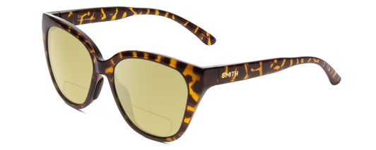 Profile View of Smith Optics Era Designer Polarized Reading Sunglasses with Custom Cut Powered Sun Flower Yellow Lenses in Vintage Tortoise Havana Gold Ladies Cateye Full Rim Acetate 55 mm