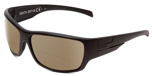 Profile View of Smith Optics Frontman Elite Designer Polarized Reading Sunglasses with Custom Cut Powered Amber Brown Lenses in Gloss Black Unisex Wrap Full Rim Acetate 61 mm