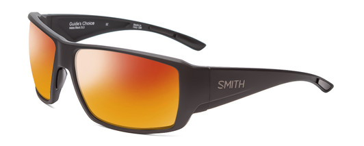 Profile View of Smith Optics Guides Choice Designer Polarized Sunglasses with Custom Cut Red Mirror Lenses in Matte Black  Unisex Rectangle Full Rim Acetate 62 mm