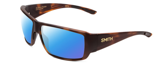 Profile View of Smith Optics Guides Choice Designer Polarized Sunglasses with Custom Cut Blue Mirror Lenses in Matte Tortoise Havana Brown Gold Unisex Rectangle Full Rim Acetate 62 mm