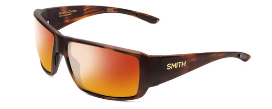 Profile View of Smith Optics Guides Choice Designer Polarized Sunglasses with Custom Cut Red Mirror Lenses in Matte Tortoise Havana Brown Gold Unisex Rectangle Full Rim Acetate 62 mm