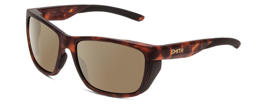 Profile View of Smith Optics Longfin Designer Polarized Sunglasses with Custom Cut Amber Brown Lenses in Matte Tortoise Havana Gold Unisex Wrap Full Rim Acetate 59 mm