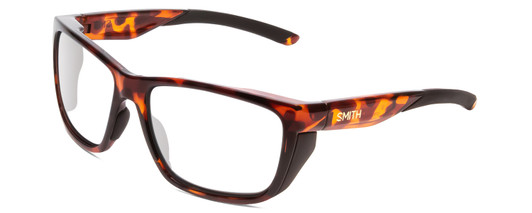 Profile View of Smith Optics Longfin Designer Progressive Lens Blue Light Blocking Eyeglasses in Tortoise Havana Brown Gold Unisex Wrap Full Rim Acetate 59 mm with Progressive Blue Light Lens Functionality illustration laid on top of the lens