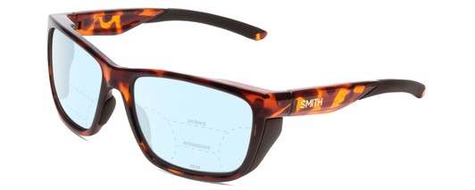 Profile View of Smith Optics Longfin Designer Progressive Lens Blue Light Blocking Eyeglasses in Tortoise Havana Brown Gold Unisex Wrap Full Rim Acetate 59 mm with Progressive Blue Light Lens Functionality illustration laid on top of the lens