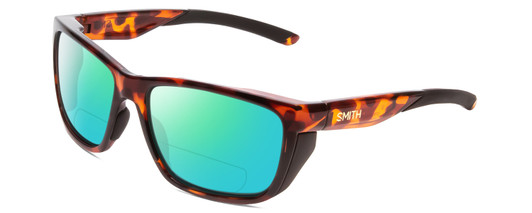 Profile View of Smith Optics Longfin Designer Polarized Reading Sunglasses with Custom Cut Powered Green Mirror Lenses in Tortoise Havana Brown Gold Unisex Wrap Full Rim Acetate 59 mm