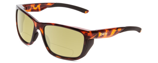 Profile View of Smith Optics Longfin Designer Polarized Reading Sunglasses with Custom Cut Powered Sun Flower Yellow Lenses in Tortoise Havana Brown Gold Unisex Wrap Full Rim Acetate 59 mm