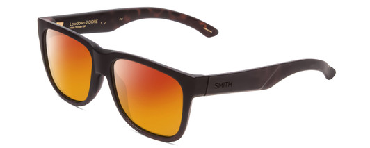 Profile View of Smith Optics Lowdown 2 Core Designer Polarized Sunglasses with Custom Cut Red Mirror Lenses in Matte Tortoise Havana Gold Unisex Classic Full Rim Acetate 55 mm